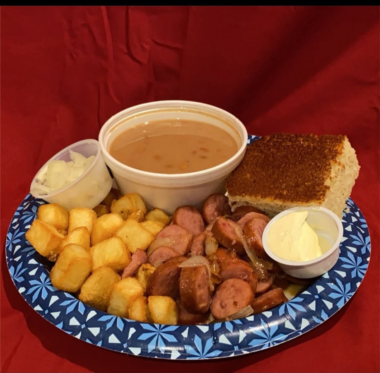 Brown Beans, Cornbread & Taters with Polish Sausage & Onions